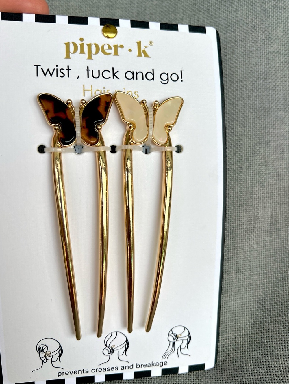 Piper K Butterflies Metal Hair Pin set of 2 leopard cream mother of pearl gold